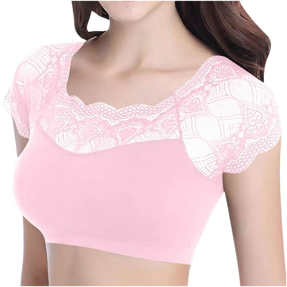 Fashion SMihono Lace Bralette Tank Tops Wireless Bra Lace Crop Top Padded Stretch Spaghetti Thin Strap Yoga Sports Bra for Women Pink Free Size