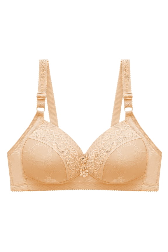 Fashion SMihono Lace Embroidery Daisy Bras for Older Women Comfortable Bra for Seniors Adjustable Strap Push Up Bras for Elderly No Wire Bralettes Khaki 42/95