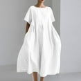 thumbnail image 1 of Fashion SMihono Plus Size Flowy Casual Cotton Linen Dress for Women Crewneck Short Sleeve Summer Loose Maxi Dress with Pockets White S, 1 of 4