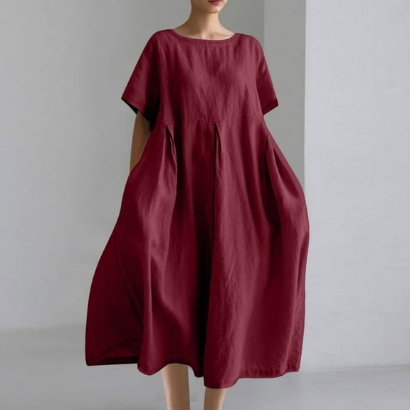 Fashion SMihono Plus Size Flowy Casual Cotton Linen Dress for Women Crewneck Short Sleeve Summer Loose Maxi Dress with Pockets Wine XXXXXL