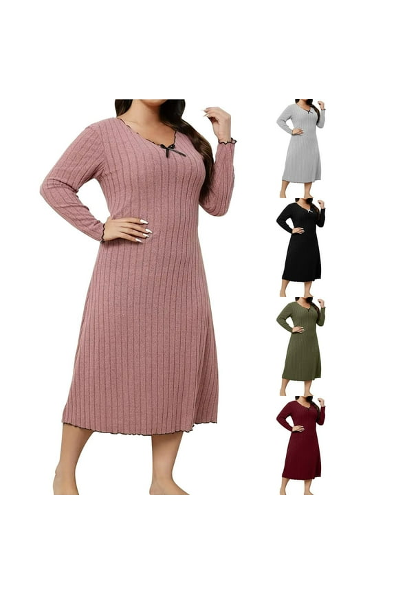 Fashion SMihono Ribbed Knit Long Dress for Women Plus Size V Neck Long Sleeve Sleep Dress Ladies Sleepwear Soft Comfy Nightgowns Black XXXXXL