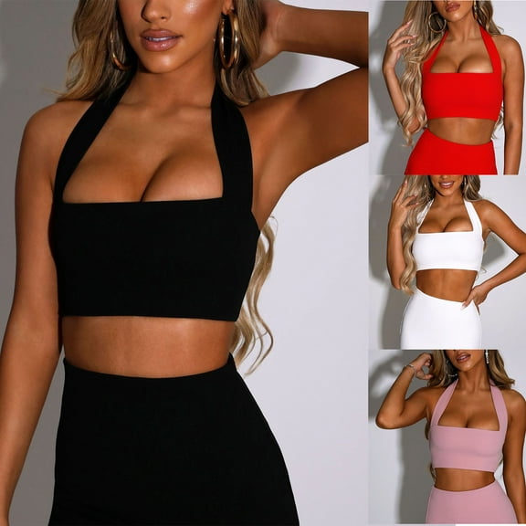 Fashion SMihono Square Neck Sports Bra Racerback Workout Halter Tops for Women Backless Sports Bra Crop Top Padded Crop Tank Yoga Black L