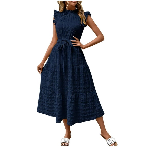 Fashion SMihono Summer Casual Flutter Short Sleeve Midi Dress,Solid Ruffle Trim Belted Dress,Boho Dresses for Women 2025 Fall Casual Navy S