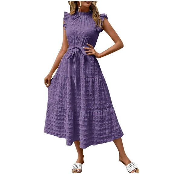 SMihono Summer Casual Flutter Short Sleeve Midi Dress,Solid Ruffle Trim Belted Dress,Boho Dresses for Women 2025 Fall Casual Purple M