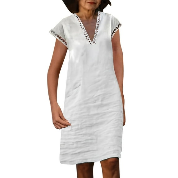 Fashion SMihono Summer Crochet Dresses for Women Vintage Cap Sleeve Lace Trim Knee Length Dress Elegant Flowy Beach Vacation Midi Dress White S