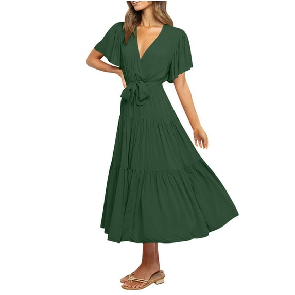 Fashion SMihono Summer Dress for Women Cotton Ruffle Short Sleeves Elegant Fashion V Neck Casual Flowy Midi Dress with Belt Green XXL