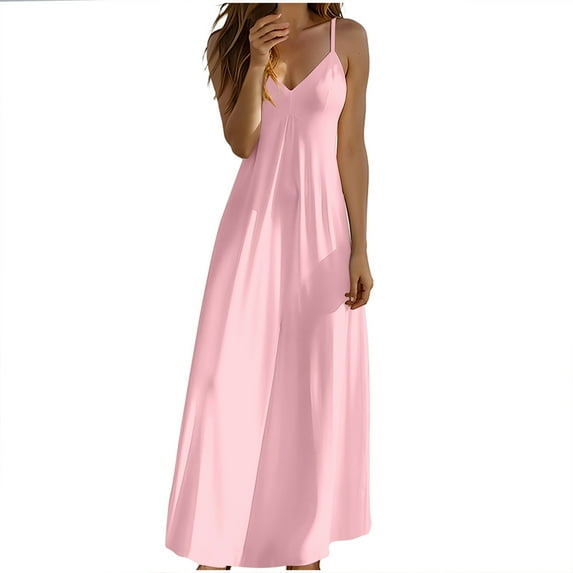 Fashion SMihono Summer Dresses for Women 2025 Vacation Casual Plus Size Maxi Beach Sun Dress Boho Flowy Long Suspender Sundress Pink S