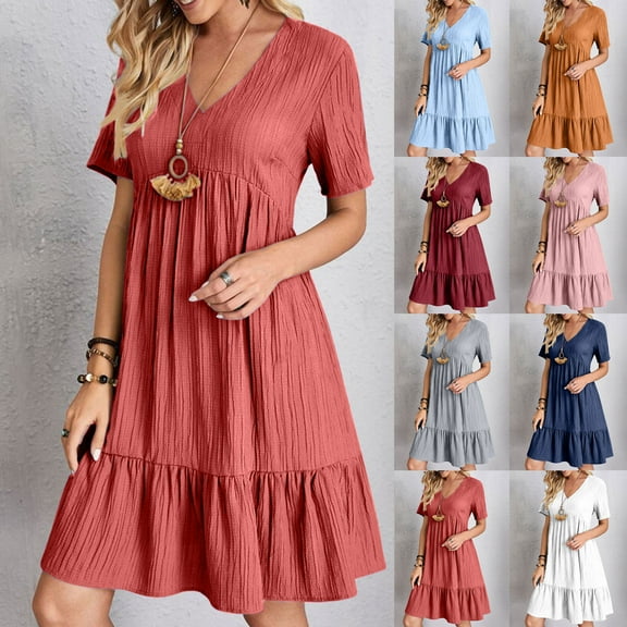 Fashion SMihono Summer Dresses for Women 2025 Vacation Short Sleeve V Neck Mini T Shirt Dress Pleated Ruffle Flowy Beach Sundresses Gray M