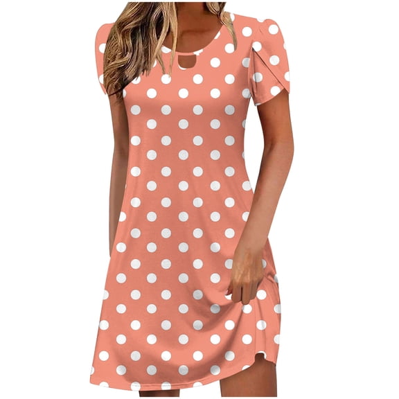 Fashion SMihono Trendy Women's Casual A-Line Dresses with Pockets Summer Polka Dot Tshirt Dress Petal Short Sleeve Mini Dress Keyhole Neck Flowy Sundresses Pink XL