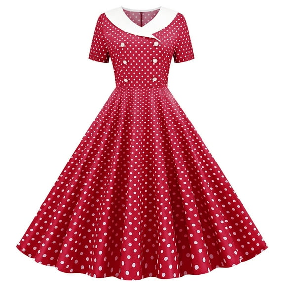 Fashion SMihono Women Double Breasted Notch Lapel 50s Vintage Short Sleeve Cocktail Swing Dress Polka Dot 1950s Rockabilly Prom Midi Dress Red XXL