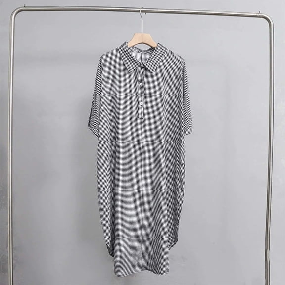 Fashion SMihono Women's 3/4 Sleeve Summer Plaid Printed Midi Dress Loose Button Down Lapel Swing Beach Coverups Cocktail Party Dresses Black Free Size