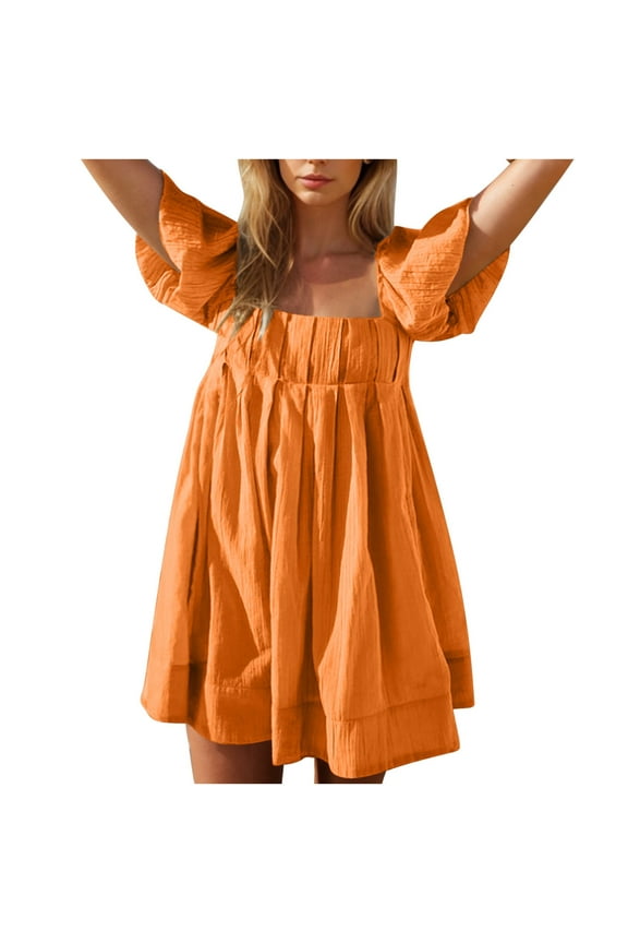 Fashion Women's Casual Summer Dress Babydoll Style with Statement Puff Sleeves, Pleated Detailing and Ruffled Tie-Back Mini Dress Orange XL