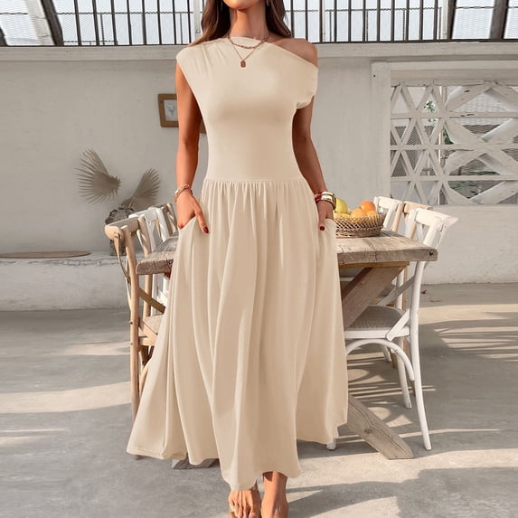 Fashion SMihono Women's Fashion Collared Summer Long Dresses Pleated Flowing Hem Loose Maxi Dress Elegant Beach Clothes Beige XL