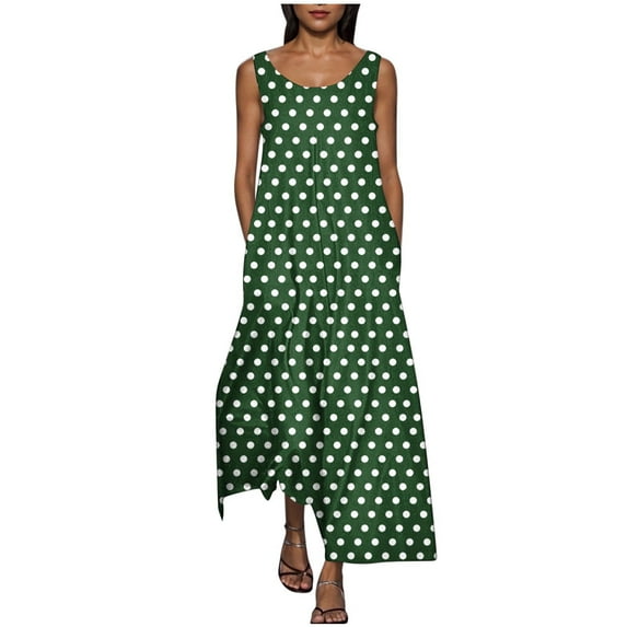 Fashion SMihono Women's Ploka Dots Flowy Maxi Dress with Pockets, Elegant 2025 Summer Loose Crew Neck Sleeveless A-Line Swing Dresses Green XL