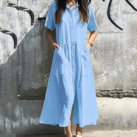 Fashion SMihono Women's Summer Short Sleeve Button Down Shirt Dress A-Line Flared Maxi Long Beach Casual Dress with Pockets Sky Blue XXXL