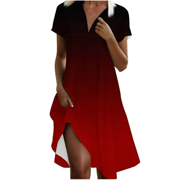 Fashion SMihono Womens Casual V Neck Summer Sundress Sleeveless Knee Length Dress Gradient Pleated Short Sleeve Dress with Pockets Wine XXL