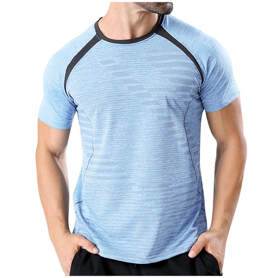 Deals SSAAVKUY Men's Athletic Shirts with Design Performance Quick Dry Running Sports Gym Mens Crewneck Workout Shirts Light Blue L