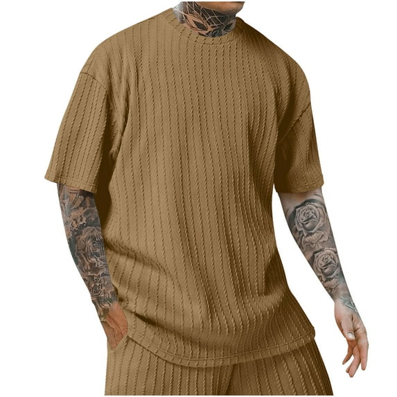 Deals SSAAVKUY Mens Outfits Short Sleeve Crewneck Summer T Shirt Knit Cotton Tops Summer Breathable Comfy Tee Shirt Casual Blouse Coffee XXXL