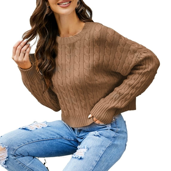 Solid Short Sweaters for Women Long Sleeve Round Neck Pullover Cropped Sweater Pullover Tops Trendy Casual Knits Shirt