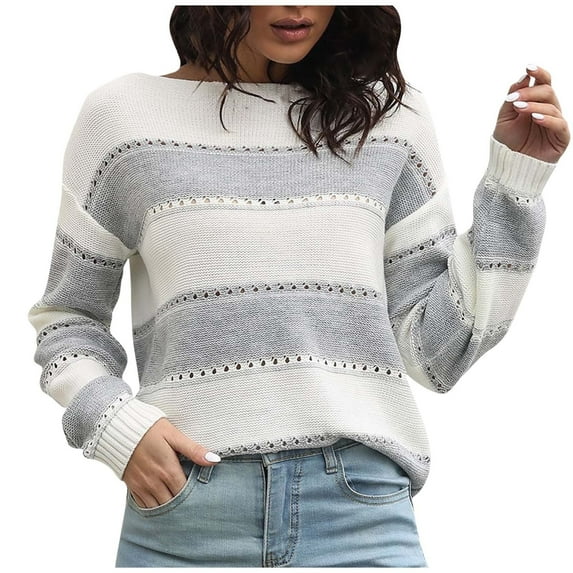 Striped Sweater for Women Round Neck Long Sleeve Hollow Out Block Color Patchwork Knits Tops Trendy Casual Knit Sweater