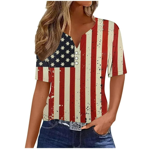Summer American Flag Graphic T-Shirt 4Th of July Tee Shirts Independence Day Tunic Blouses Round Neck Tees 3/4 Sleeve Tops America Land of The Free Shirt Beach Vacation Clothes