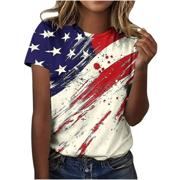 Summer Plus Size Independence Day Tee Shirts Pullover Sweater Blouses Scooped Neck Short Sleeve Tops American Flag Graphic T-Shirts 4Th of July Summer Top Going Out Beach Outfits