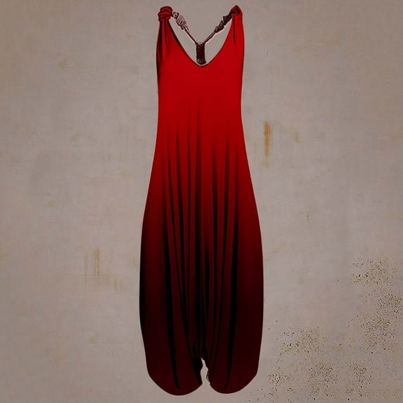 Wycnly Womens Jumpsuits Casual Summer Loose Baggy Backless Strap Long Jumpsuits Trendy Gradient Print V-Neck Sleeveless Maxi Rompers for Women