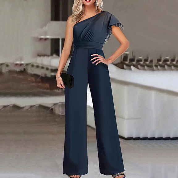 Wycnly Womens Jumpsuits Evening Party Elegant Empire Waist One Shoulder Straight Leg Jumpsuits Trendy Solid Slash Neck Short Sleeve Long Rompers for Women