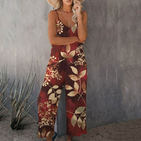 Wycnly Womens Jumpsuits Summer Casual Loose Wide Leg Spaghetti Strap Maxi Jumpsuits Overalls Trendy Leaves Print Crewneck Sleeveless Long Rompers for Women