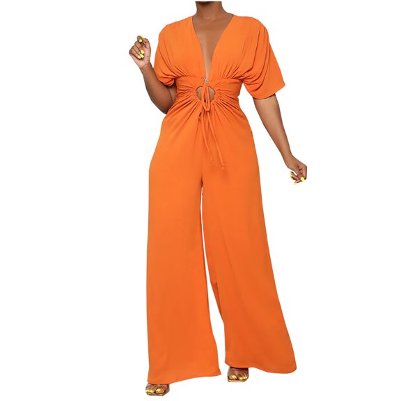 Wycnly Rompers for Women Sexy Hollowed Drawstring Waist Wide Leg Long Casual Jumpsuits V-Neck Short Sleeve Formal Solid Maxi Womens Jumpsuits on