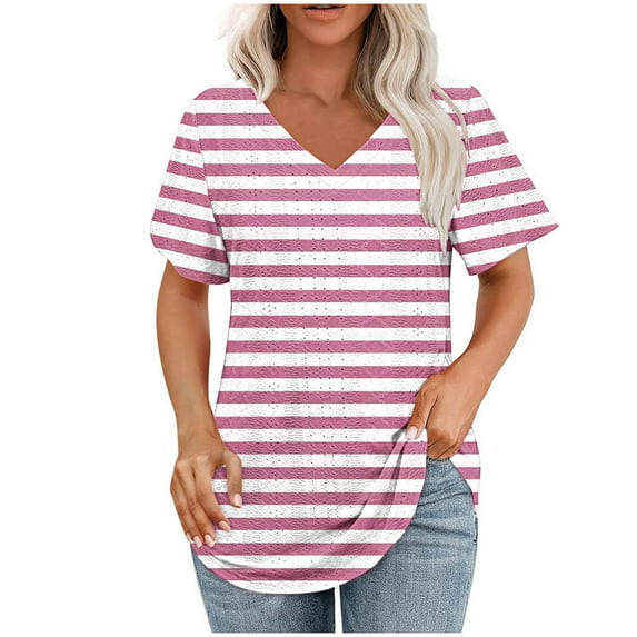 Summer Women Eyelet Tops Hollow Out Breathable T-Shirts Stripe Causal Blouses V Neck Lounge Tunic Tops Trends Lightweight Tee Shirts Going Out Outfits