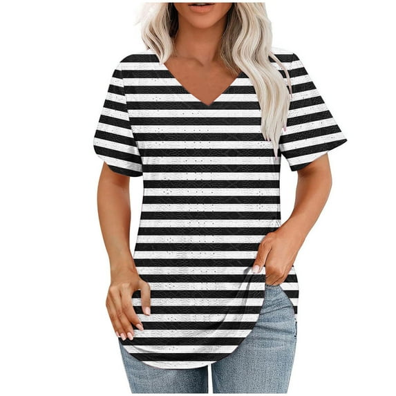 Summer Women Eyelet Tops Hollow Out Breathable T-Shirts Stripe Causal Blouses V Neck Lounge Tunic Tops Trends Lightweight Tee Shirts Going Out Outfits