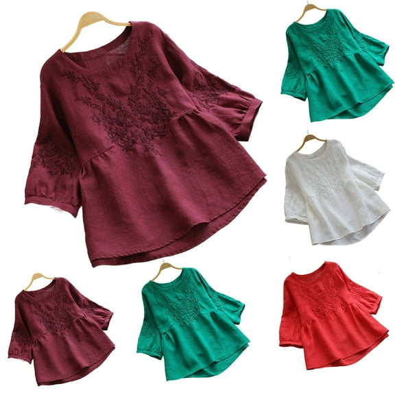 Abomasnow Plus Size Floral Embroidery Blouses for Women Loose Fit Short Sleeve Crew Neck Tunic Tops Fashion High Low Hem Flowy Cotton Linen Shirts