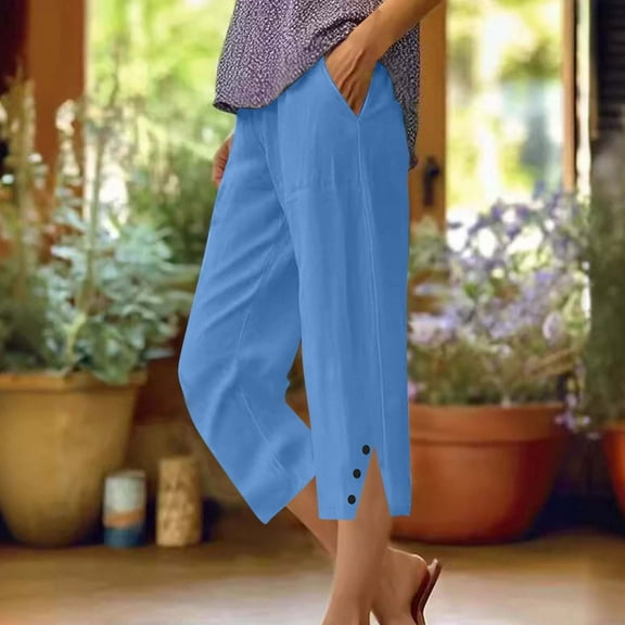 Abomasnow Womens Plus Size Capris Pants Casual Drawstring Elastic Waist Cropped Pants Lightweight Side Slit Buttons Trim Trousers with Pockets