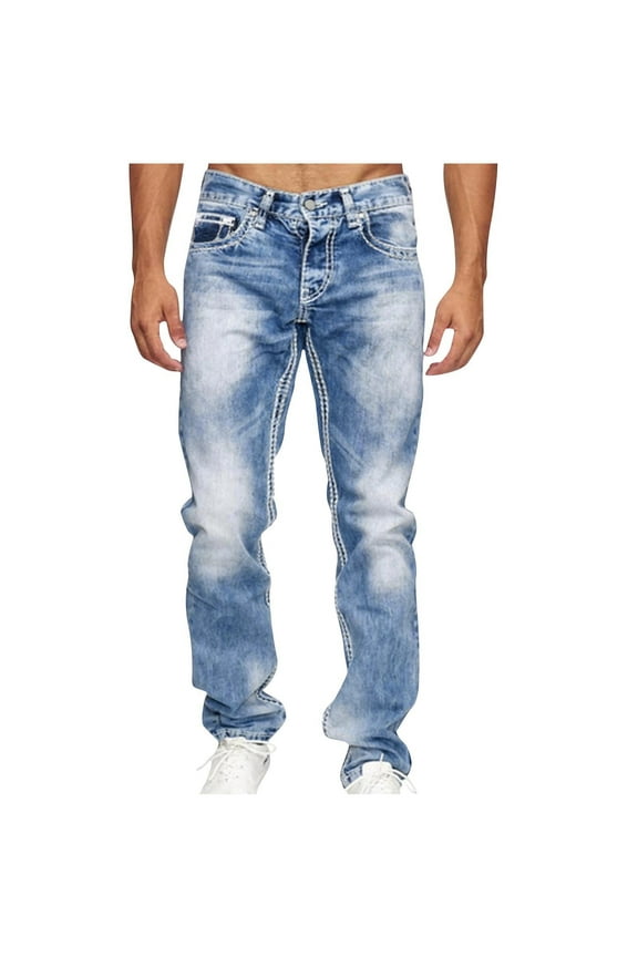 Men's Stretch Denim Jeans Slim Fit Basic Ripped Skinny Washed Jeans Comfort Baggy Flex Waist Straight Leg Denim Pants