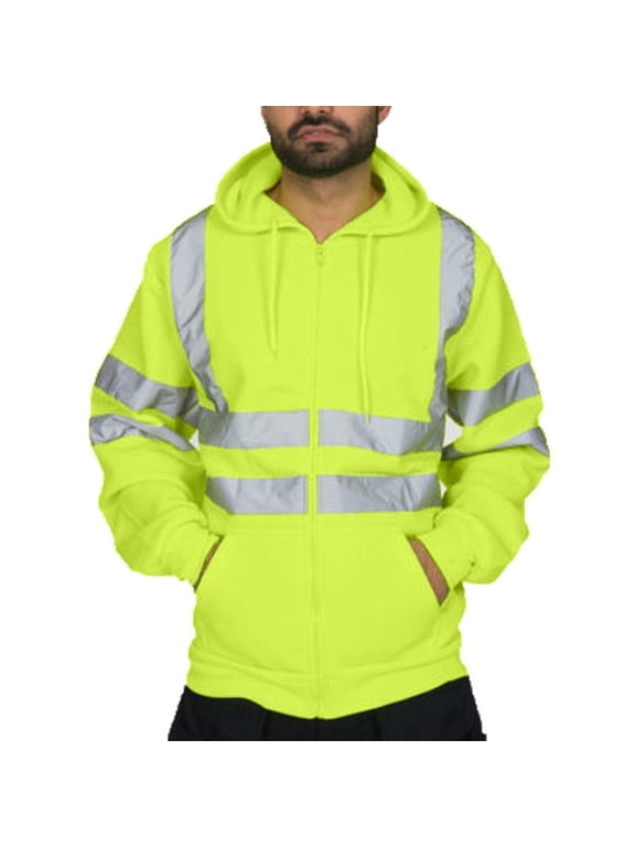 Hi-Vis Safety Full Zip Hoodies for Men, High Visibility Construction Work Hooded Sweatshirts with with Reflective Strips and Pockets, ANSI Class 3