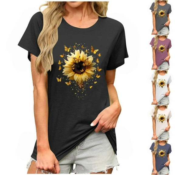 PXLKNZH Short Sleeve Flower Shirts for Women Round Neck Casual Summer Tops Loose Fit Going Out Graphic Tees,Beige,XL