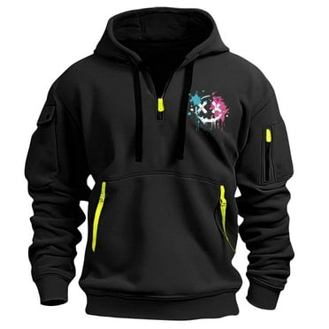 Deals of Today TMOYZQ Hoodies for Men 3D Ugly Face Graphic Quarter Zip Pullover Sweater Lightweight Long Sleeve Drawstring Hooded Tactical Sweatshirts