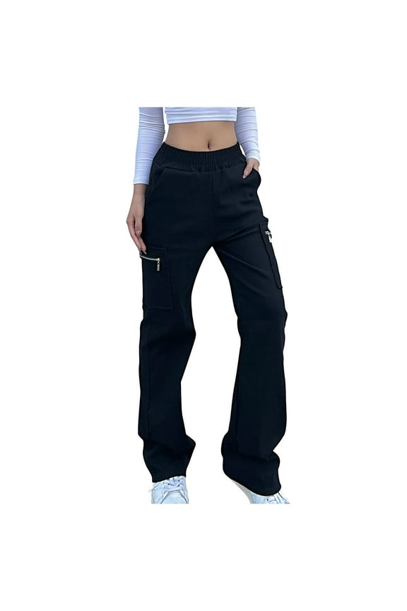 Trendy Cargo Pants for Women Mid Rise Straight Leg Multi Pockets Juniors Teen Girls Streetwear Casual Pants Black,M