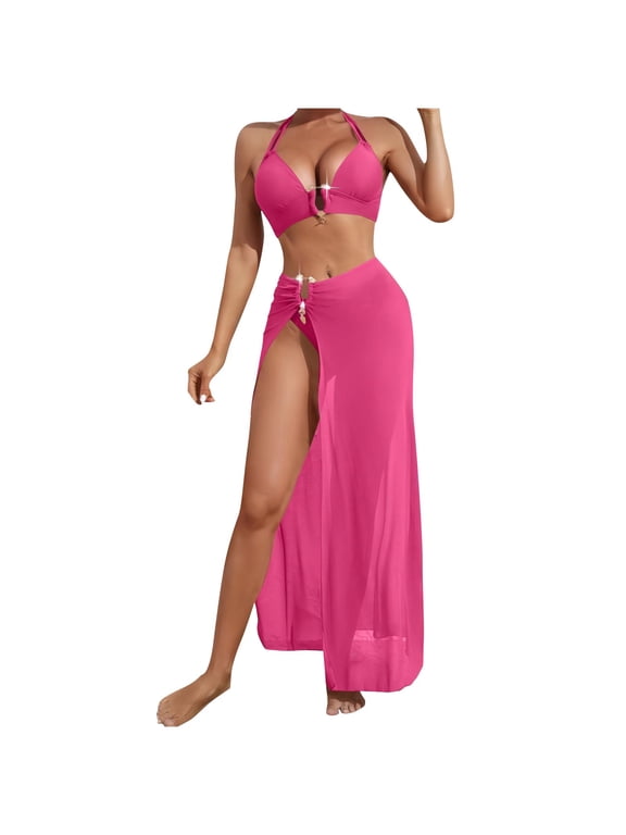 3 Piece Swimsuit for Women Sexy Halter Bikini Sets with Beach Coverup High Slit Maxi Skirt Vacation Bathing Suit Hot Pink S