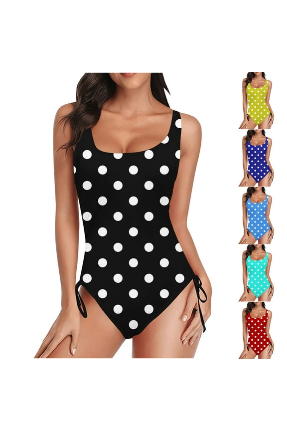American Trends One Piece Swimsuit Women U Neck Polka Dot Print Bathing Suits Athletic Modest Swimwear Black L