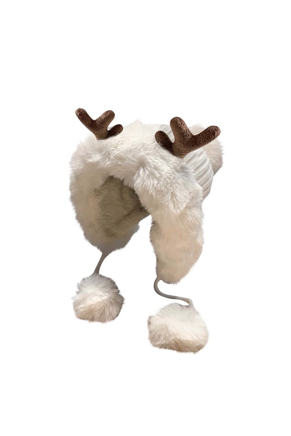 Cute Kawaii Women Warm Reindeer Cover Ears Beanie with Pom Pom Ear Flaps Hat for Winter Fleece Lined Comfy Windproof Ear Protection Cap White