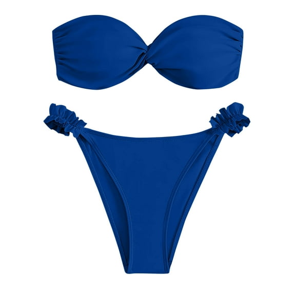 UTSJKR High Cut Bikini Sets for Women Knot Front Bandeau Two Piece Swimsuit Strapless Bikini Set Bathing Suit Dark Blue XL