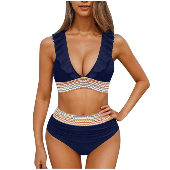 UTSJKR High Waisted Bikini Sets for Women Tummy Control Sexy Push Up Swimsuits Color Block Two Piece Drawstring Bathing Suit Dark Blue XXL
