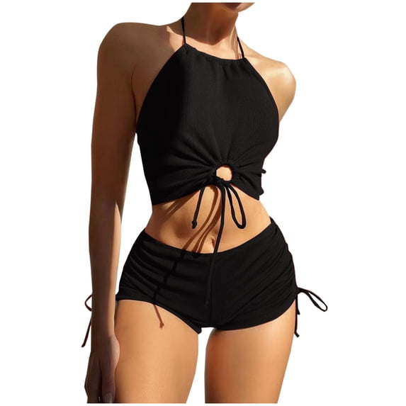 UTSJKR Knitted Fashion Swimsuits for Women Halter Tops Backless Shorts Bathing Swimwear Comfy Feel Y2k 2 Piece Swimwear Black S