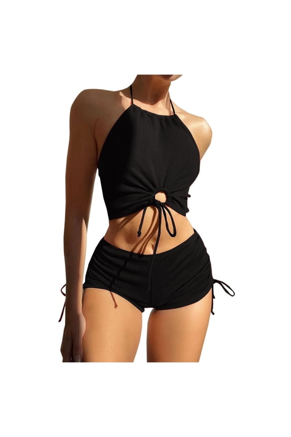 Knitted Fashion Swimsuits for Women Halter Tops Backless Shorts Bathing Swimwear Comfy Feel Y2k 2 Piece Swimwear Black S