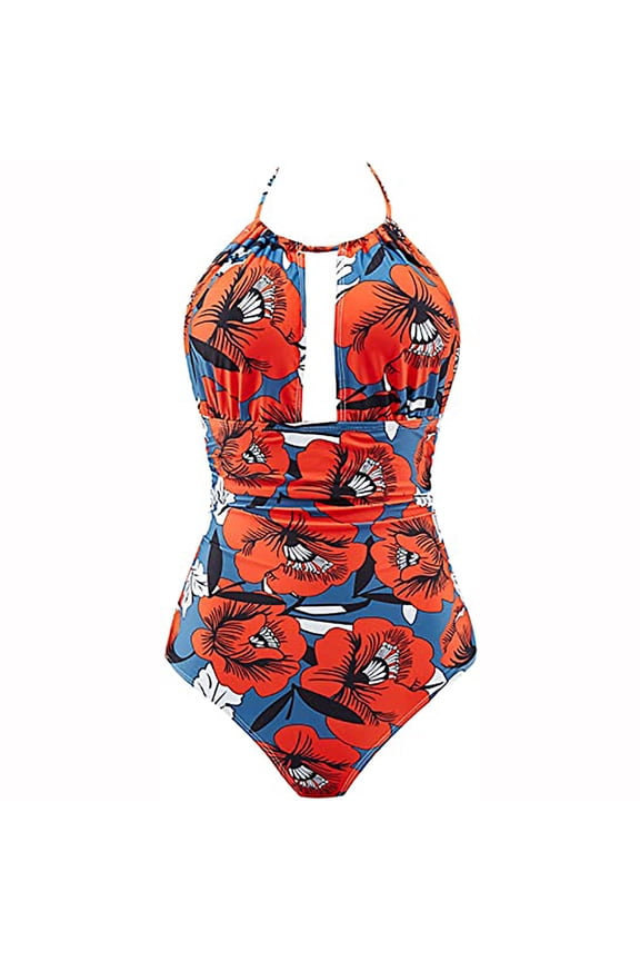 One Piece Swimsuits for Women Floral Printing Halter Tie Ruched Bathing Suit Slim Fit Tummy Control Summer Swimwear Red 8