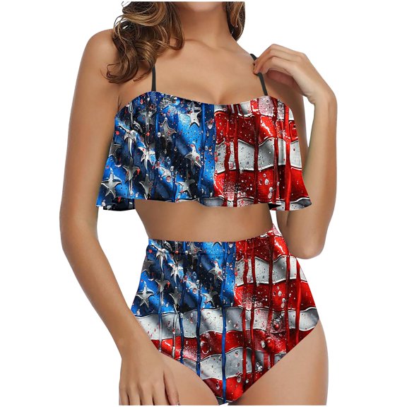 UTSJKR Personalized Swimsuit for Women, USA Flags Swimwear for Bride Teen Girl, Two Piece Bathing Suits Ruffle Tops with Shorts Multicolor M