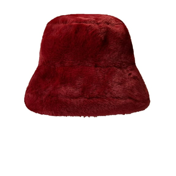 UTSJKR Winter Faux Fur Bucket Hat, Fluffy Fuzzy Warm Hats Plush Fisherman Cap Thicken Furry Puffy Hats for Women Wine