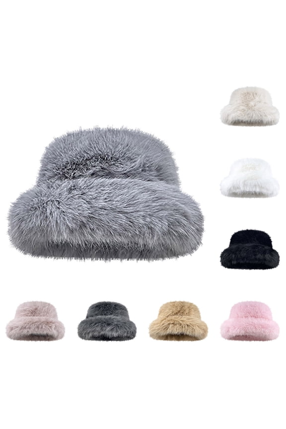 Winter Soft Faux Fur Plush Bucket Hat for Women Lovely Fuzzy Fisherman Cap Fashion Outdoor Windproof Warm Snow Cap Gray